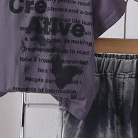 Boys Dark Grey Typographic Printed T-Shirt With Denim Shorts Sets Sets