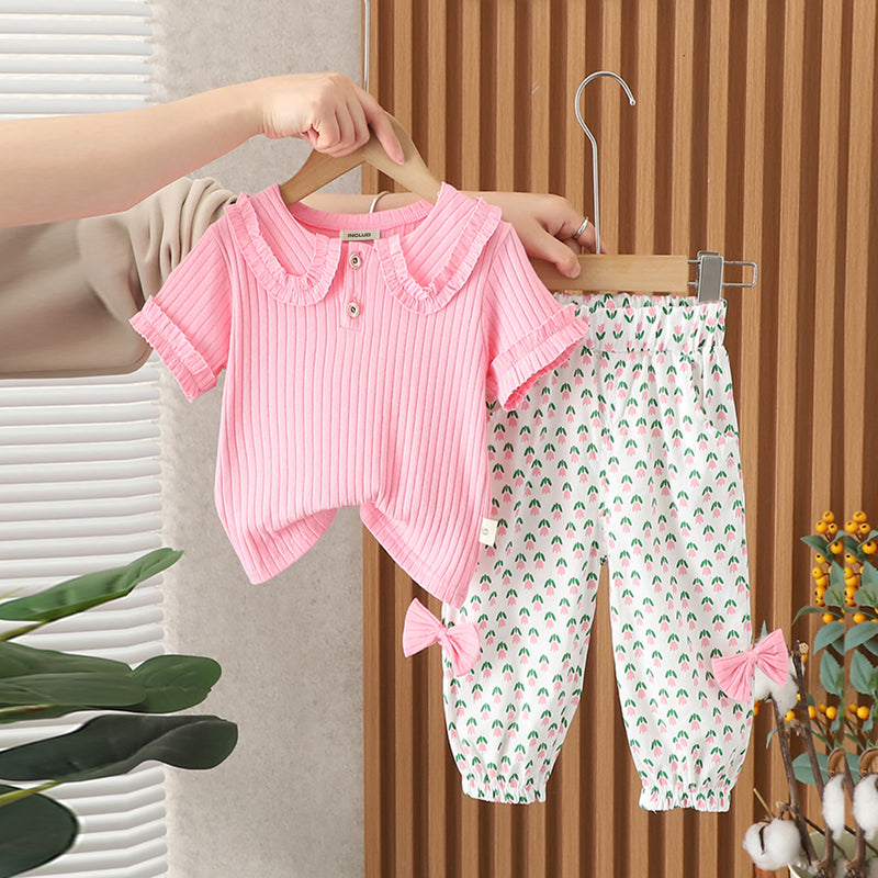 Girls Pink Self Striped Knitted Top With Printed Pant Set 2 pc. Sets Pink 1-2 Y