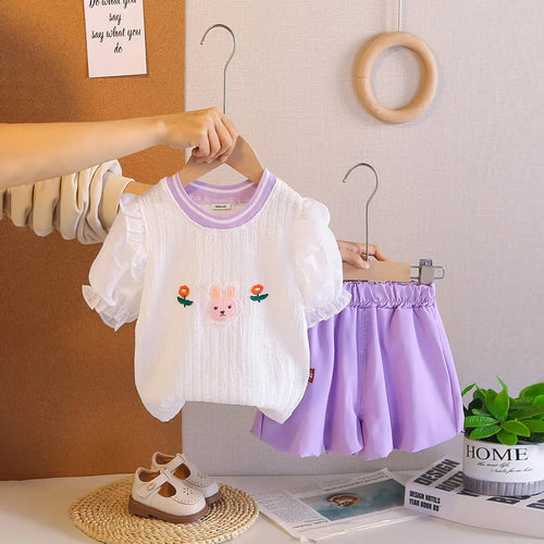 Girls Embroidered Puff Sleeves Top With Purple Bloomer-style Short Sets Sets Purple 1-2 Y