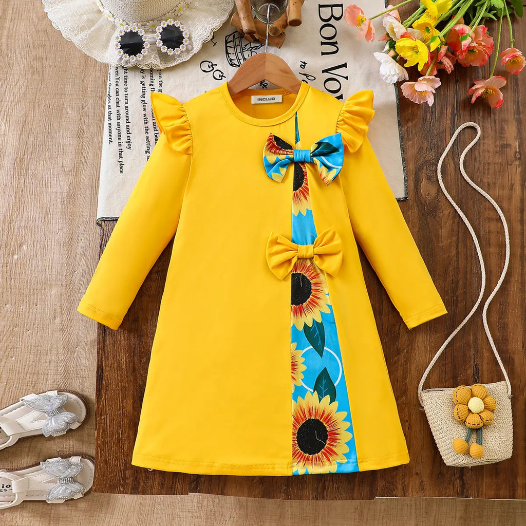 Girls Yellow Floral Printed Long Sleeves A-line Dress With Bow Detail Casual Dresses Yellow 3-4 Y