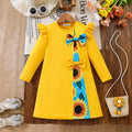 Girls Yellow Floral Printed Long Sleeves A-line Dress With Bow Detail Casual Dresses Yellow 3-4 Y