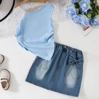 Girls Sky Blue Textured One Shoulder Top With Denim Skirt Sets Sets Sky Blue 7-8 Y