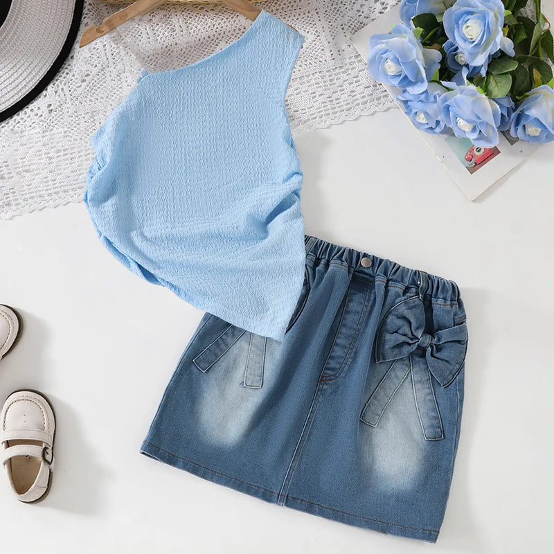 Girls Sky Blue Textured One Shoulder Top With Denim Skirt Sets Sets Sky Blue 7-8 Y
