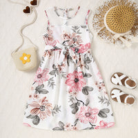 Girls White Floral Printed Sleeveless Net Yoke Dress Casual Dresses White 7-8 Y