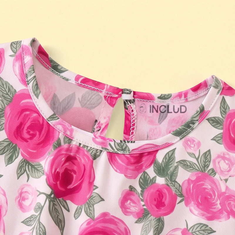 Girls Pink Floral Print Puff Sleeve Fit & Flare Dress Casual Dresses