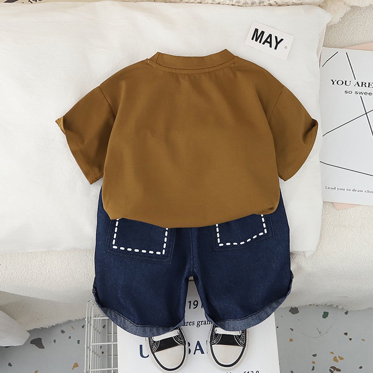 Boys Light Brown Dollhouse Printed T-Shirt With Denim Shorts Set 2 pc. Sets