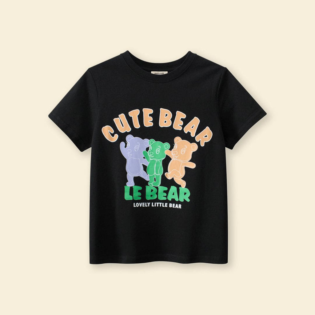 Girls Bear Print Short Sleeves T-shirt Tshirts   