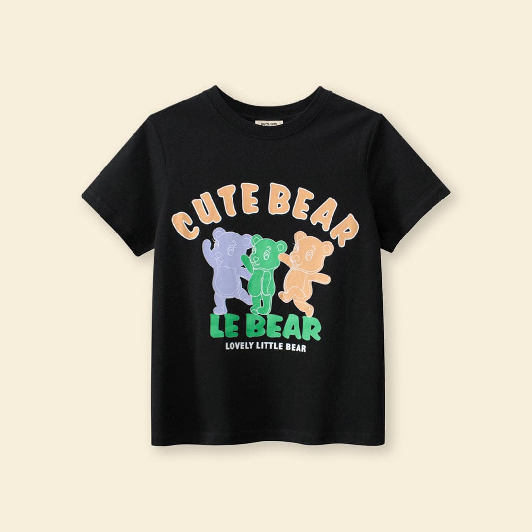 Girls Bear Print Short Sleeves T-shirt Tshirts   