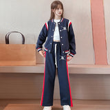 Girls Navy Blue R Letter Printed Varsity Jacket With Pants Co-ord Sets