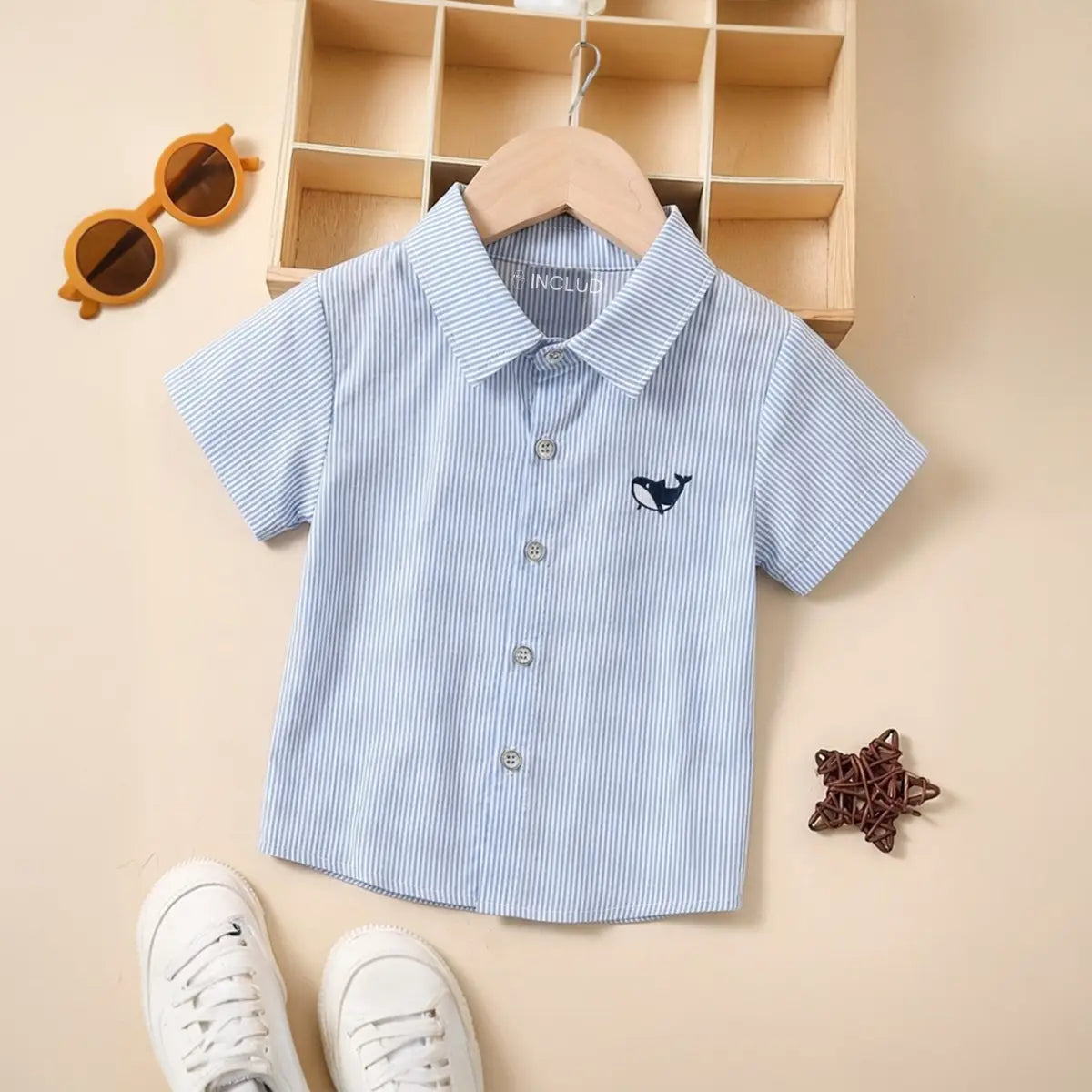 Boys Light Blue Striped Casual Shirt with Shark Embroidery Shirts Light Blue 1-2 Y