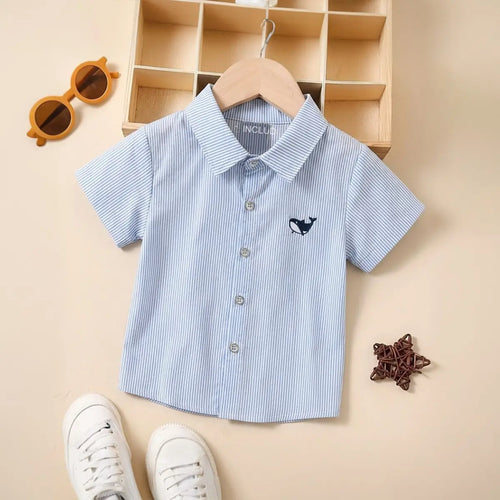 Boys Light Blue Striped Casual Shirt with Shark Embroidery Shirts Light Blue 1-2 Y