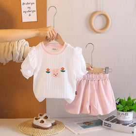 Girls Pink Embroidered Puff Sleeves Top With Purple Bloomer-style Short Sets Sets Pink 1-2 Y