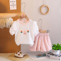 Girls Pink Embroidered Puff Sleeves Top With Purple Bloomer-style Short Sets Sets Pink 1-2 Y