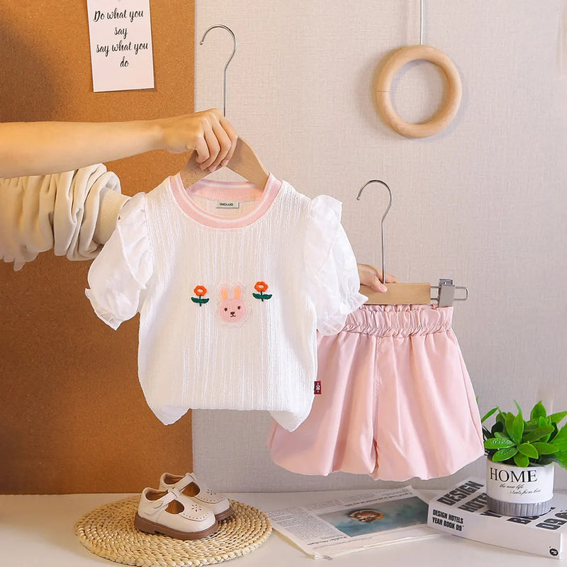 Girls Pink Embroidered Puff Sleeves Top With Purple Bloomer-style Short Sets Sets Pink 1-2 Y