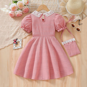 Girls Pink Textured Puff Sleeve Fit & Flare Dress Casual Dresses