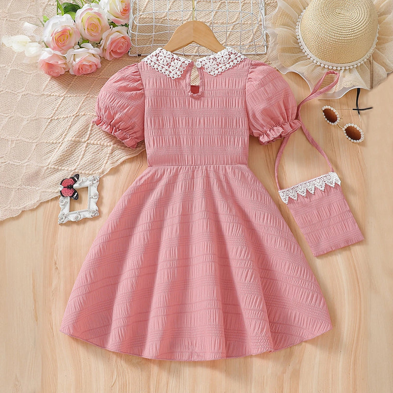 Girls Pink Textured Puff Sleeve Fit & Flare Dress Casual Dresses