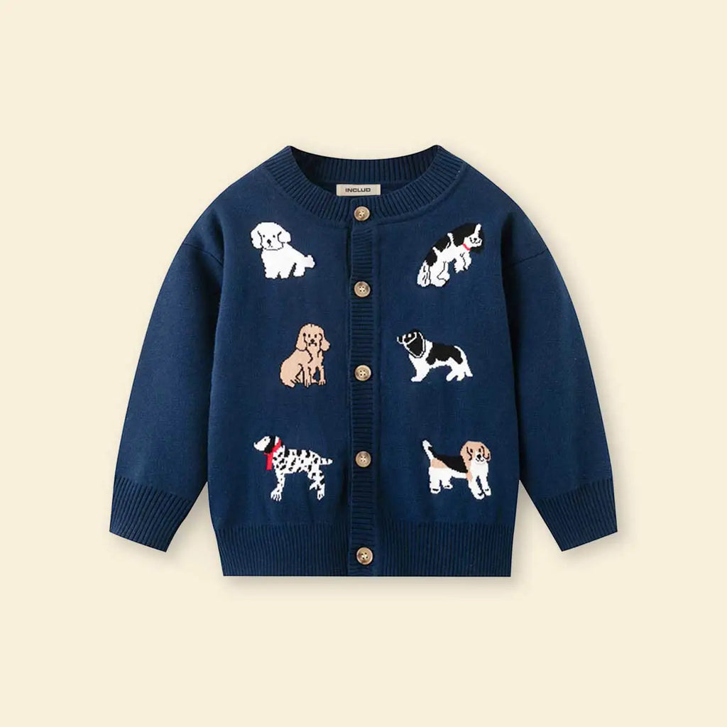 Boys Navy Blue Cardigan With Self-Design Puppy Patterns Sweaters & Cardigans