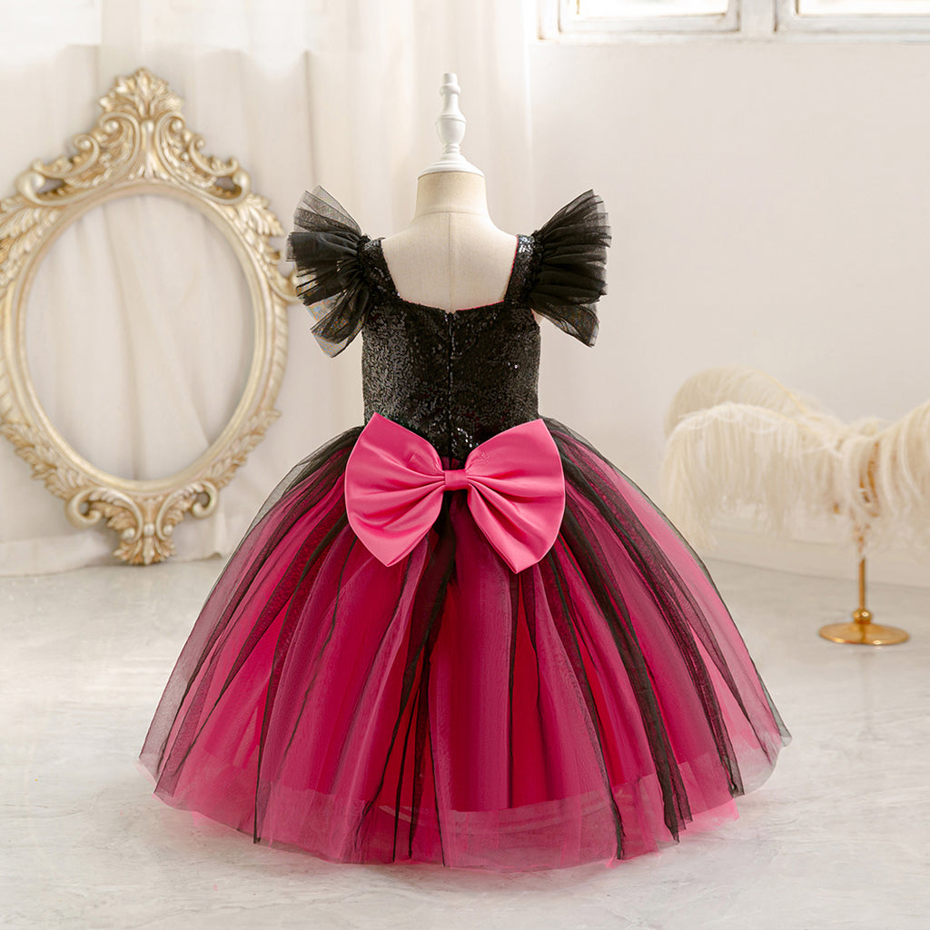 Girls Fuchsia-Black Sequins & Tulle Flutter Sleeves Party Dress Party Dresses