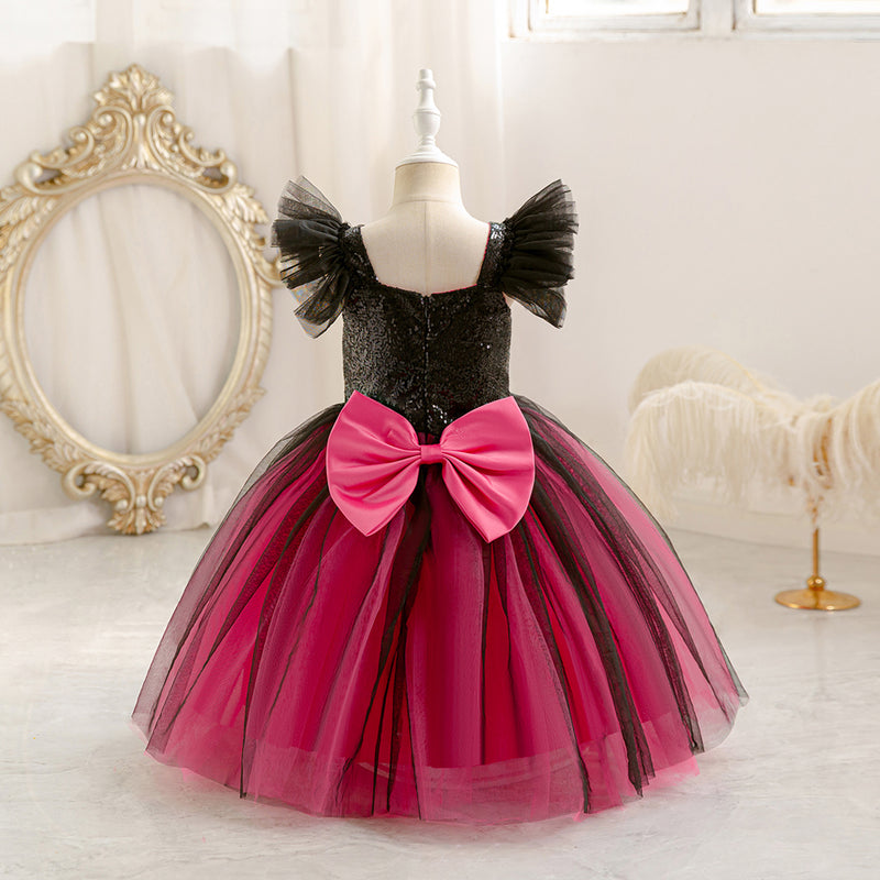 Girls Fuchsia-Black Sequins & Tulle Flutter Sleeves Party Dress Party Dresses
