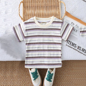 Boys Purple Striped Short Sleeves T-Shirt With Denim Dungaree Set 2 pc. Sets