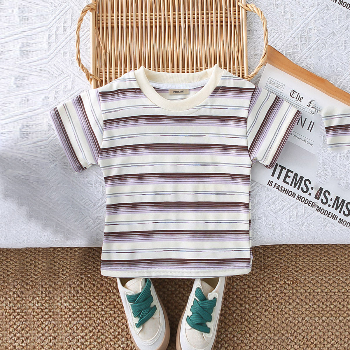 Boys Purple Striped Short Sleeves T-Shirt With Denim Dungaree Set 2 pc. Sets