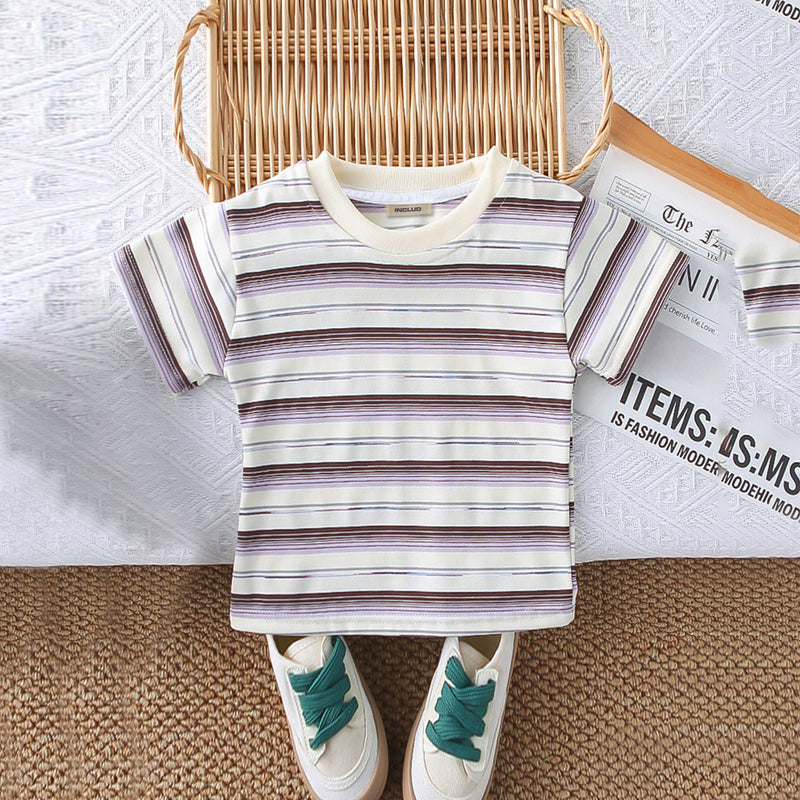 Boys Purple Striped Short Sleeves T-Shirt With Denim Dungaree Set 2 pc. Sets