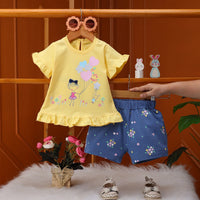 Girls Yellow Heart Graphic Puff Sleeve Top With Floral Shorts Sets Sets Yellow 1-2 Y