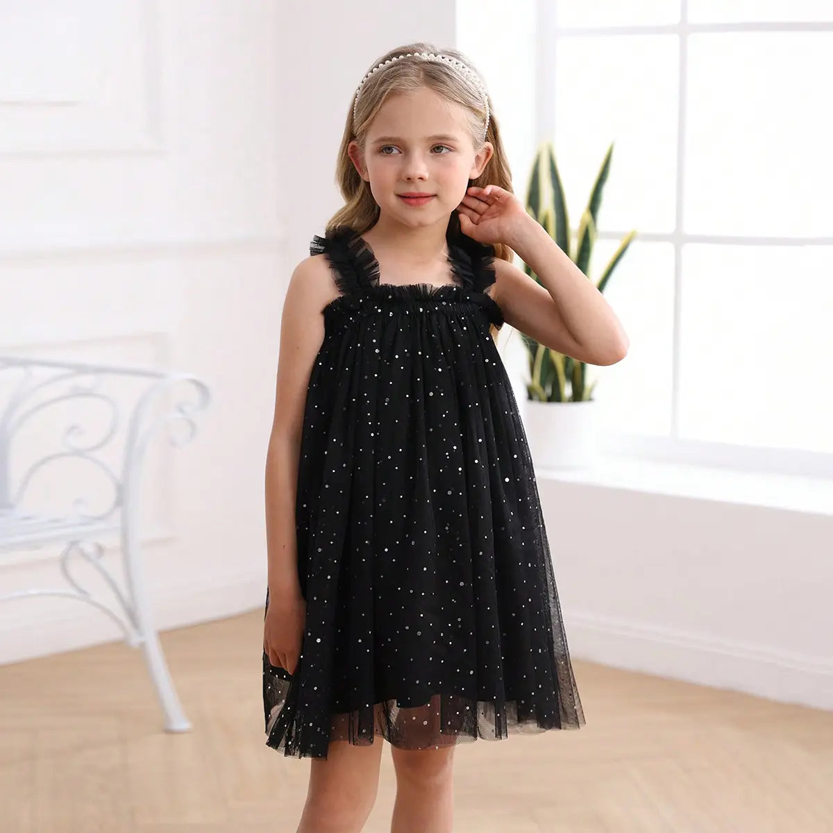 Girls Black Polka Dot Print Tulle Overlay Sleeveless A-line Dress Casual Dresses Black 2-3 Y