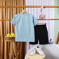 Boys Sea Green Typographic Printed Short Sleeve T-shirts With Elasticated Shorts Sets Sets