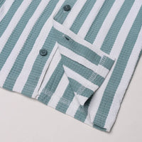 Boys Green Striped Short Sleeve Shirt With Graphic T-Shirt And Drawstring Shorts Sets Sets