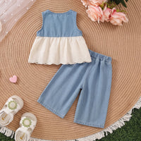 Girls Blue Schiffli Peplum Top With Denim Pants Sets 2 pc. Sets