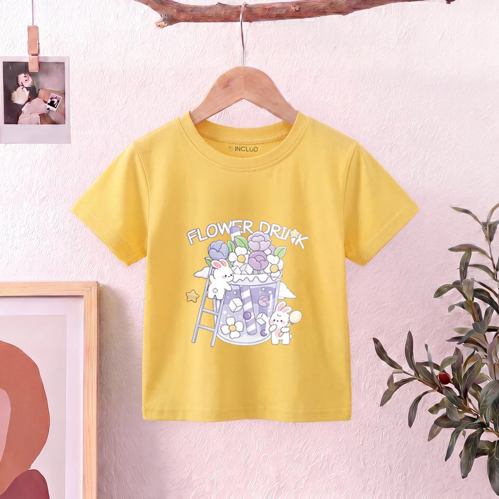 Girls Yellow Short Sleeve Floral Print T-Shirt Tshirts Yellow 1-2 Y
