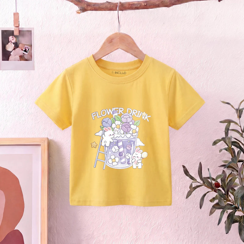 Girls Yellow Short Sleeve Floral Print T-Shirt Tshirts Yellow 1-2 Y