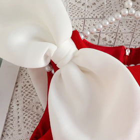 Girls Red Sleeveless A-line Party Wear Dress With Bow Applique Party Dresses