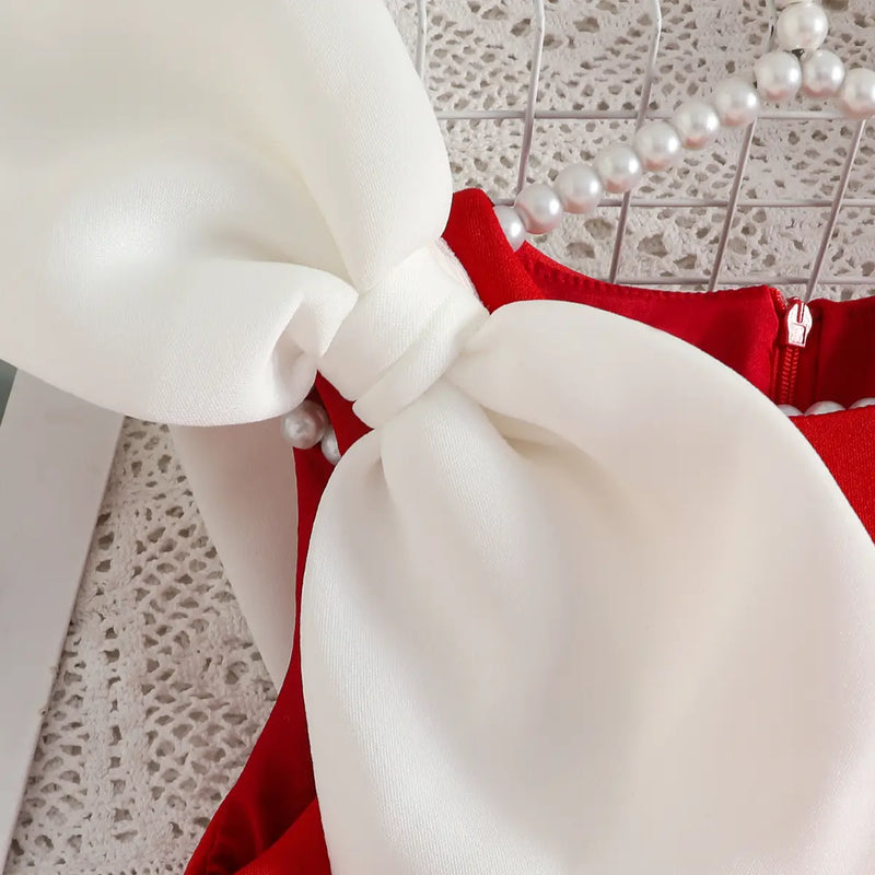 Girls Red Sleeveless A-line Party Wear Dress With Bow Applique Party Dresses