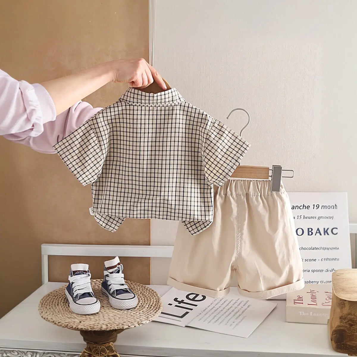 Boys Khaki Checked Button-Down Shirt With Shorts Sets Sets