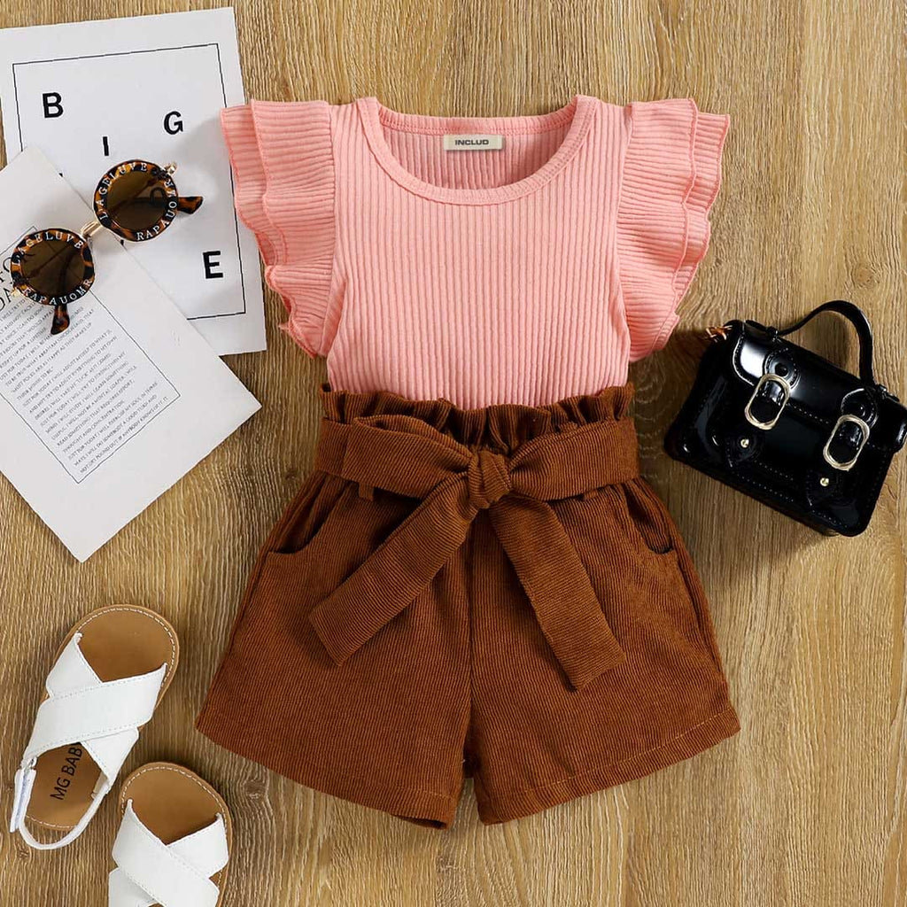 Girls Flared Sleeve Top With Corduroy Shorts Set