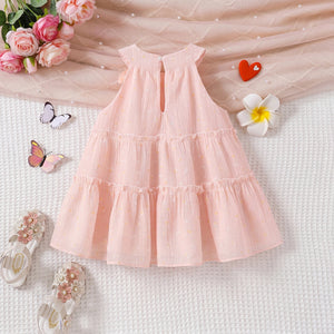 Girls Light Pink Bow Print Sleeveless Tiered Summer Dress Casual Dresses