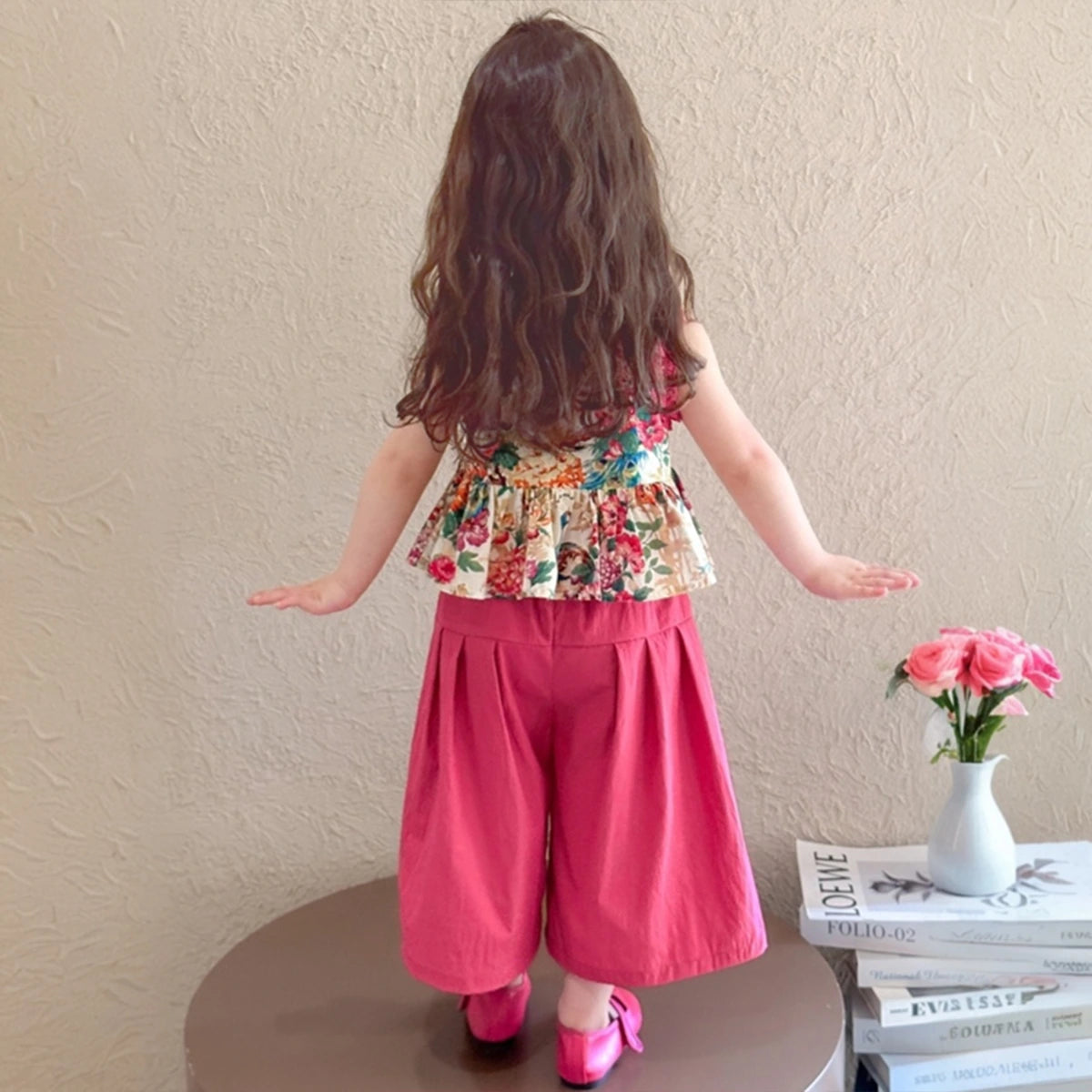 Girls Dark Pink Peacock Print Peplum Top With Pants Sets Sets