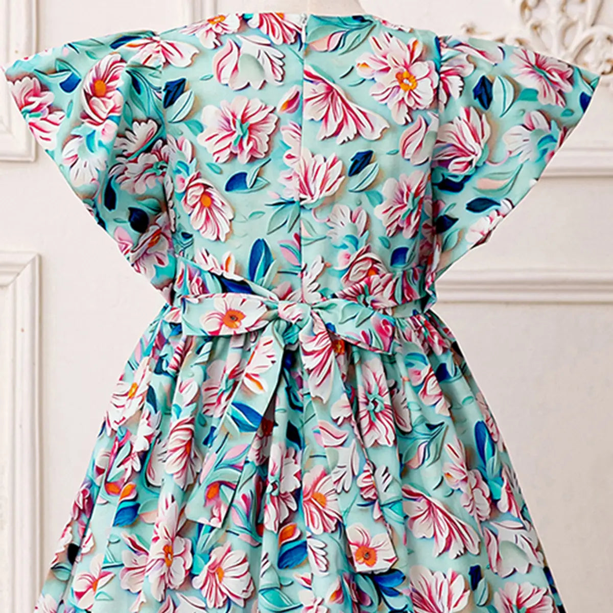 Girls Blue Floral Flutter Sleeves Maxi Dress With Elasticated Waistline Casual Dresses