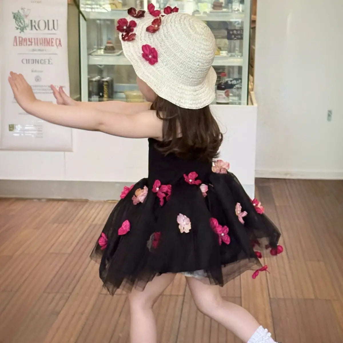 Girls Black Flower Applique Tulle-Overlay Fit And Flare Dress Casual Dresses