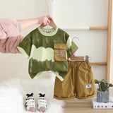 Boys Green Printed T-shirt with Flap Pocket & Shorts Set