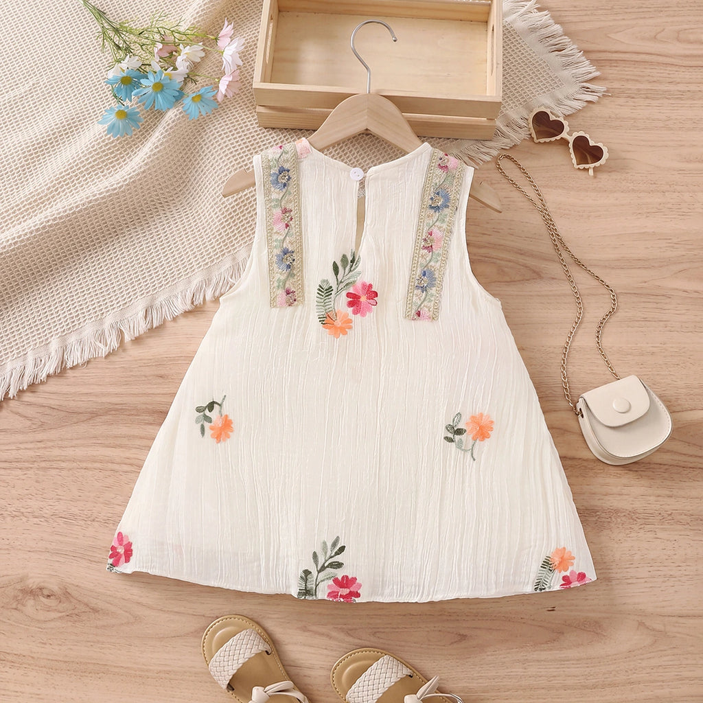 Girls Off White Floral Embroidered Sleeveless A-line Dress Casual Dresses
