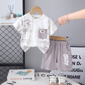Boys Typographic Printed Contrast Pocket T-Shirt With Grey Shorts Set 2 pc. Sets Grey 1-2 Y