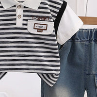Boys Black Striped Short Sleeve Polo T-Shirt With Elasticated Denim Shorts 2 pc. Sets