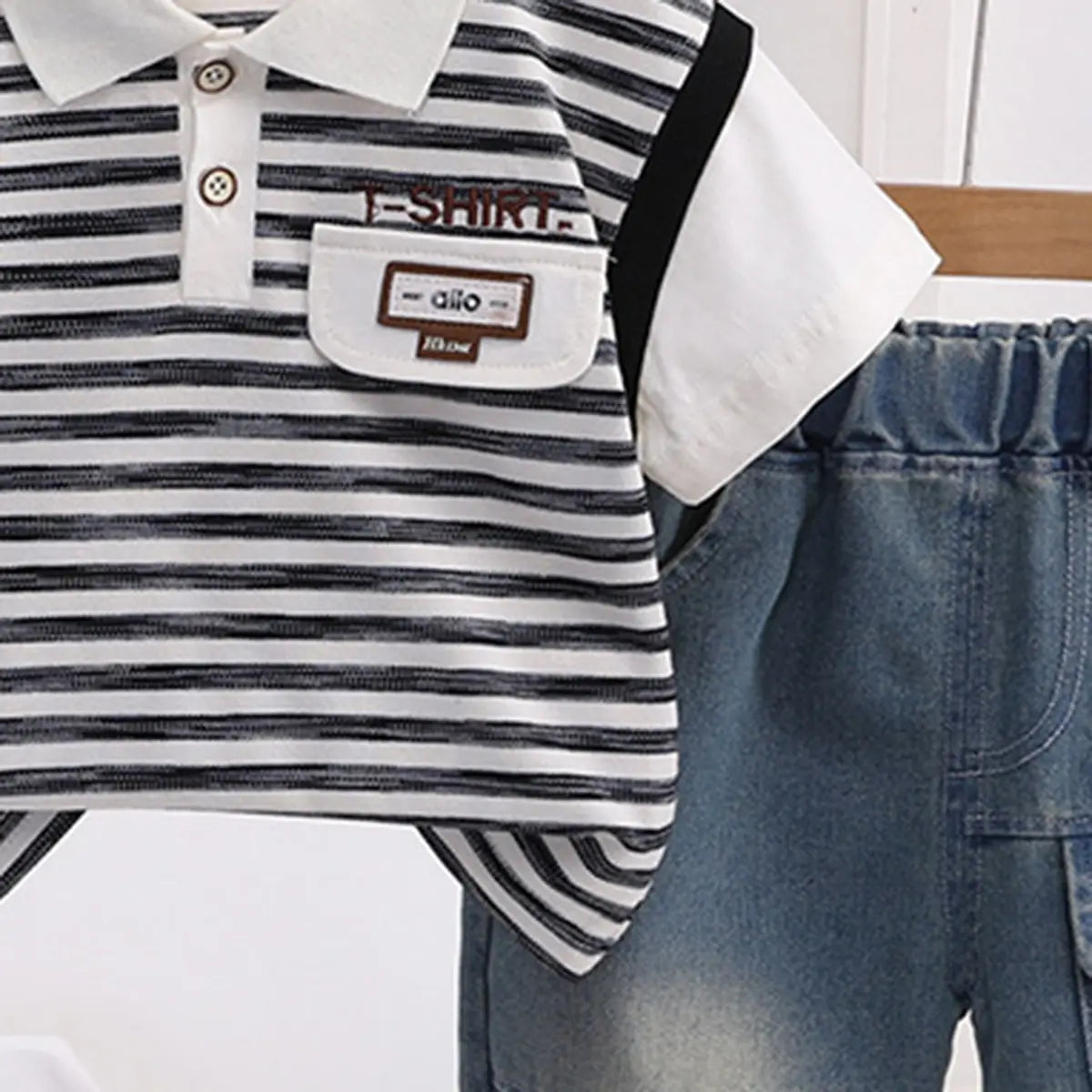 Boys Black Striped Short Sleeve Polo T-Shirt With Elasticated Denim Shorts 2 pc. Sets