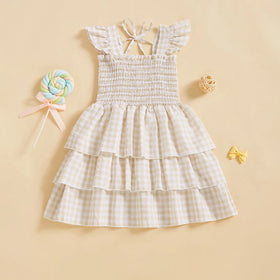 Girls Yellow Checked Flutter Sleeve Smocked Tiered Dress Casual Dresses Yellow 3-4 Y