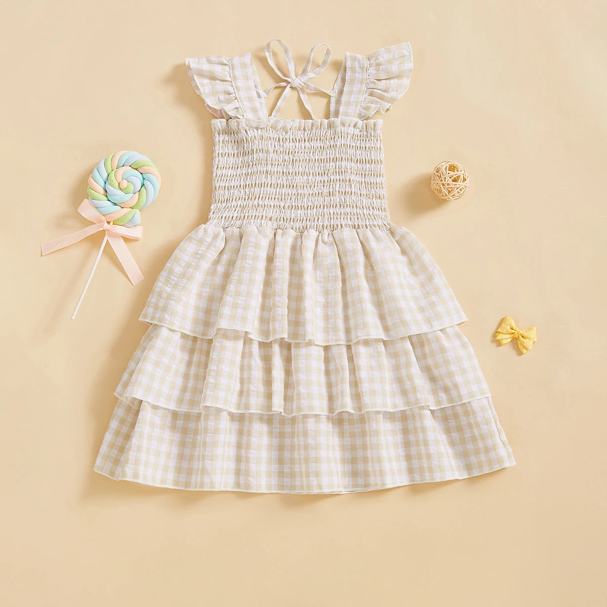 Girls Yellow Checked Flutter Sleeve Smocked Tiered Dress Casual Dresses Yellow 3-4 Y