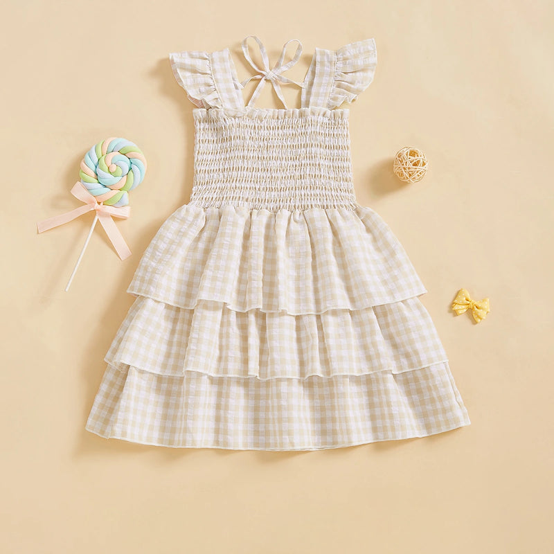 Girls Yellow Checked Flutter Sleeve Smocked Tiered Dress Casual Dresses Yellow 3-4 Y