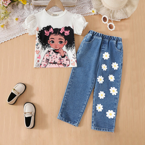 Girls White Graphics Top With Daisy Printed Denim Pants Set Sets White 3-4 Y
